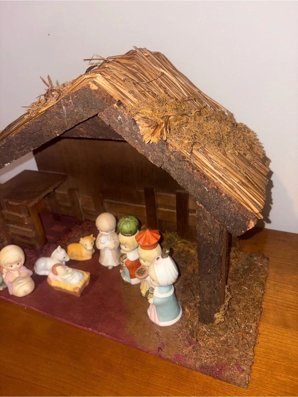 Vintage Christmas Wooden Nativity Set with Pastel Porcelain Figurines